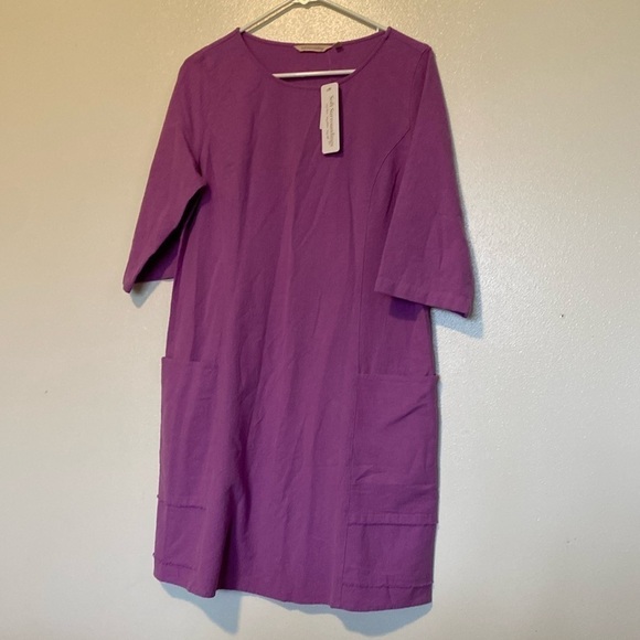 Soft Surroundings pocket Carpe Diem gauze Iris Orchid Gauze 3/4 Slv Shift Dress - Picture 2 of 15